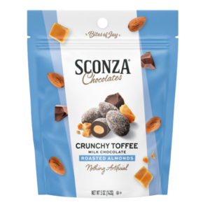 Sconza Crunchy Toffee Milk Chocolate Almonds 5oz Peg Bags 6ct